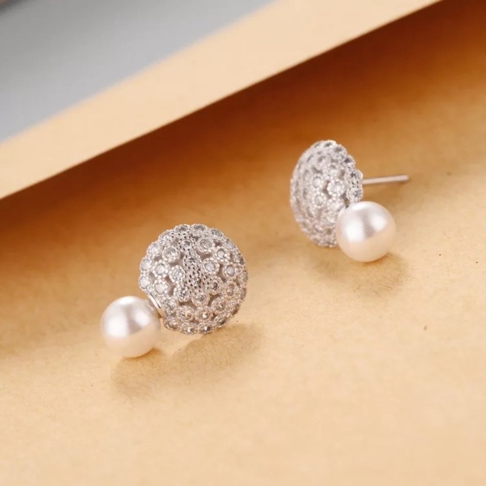S925 Shell Pearl CZ Stud Earrings - Picture 5 of 9